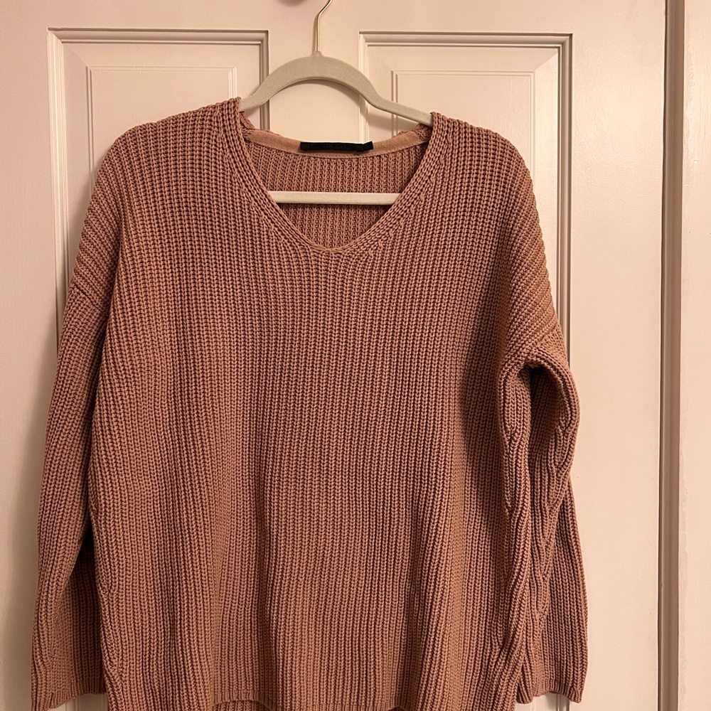 Jenni Kayne Tan V-Neck Sweater with Ribbed Texture